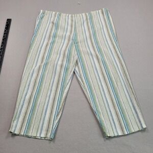 Chicos Size 2 Striped Cotton Crop Pants Blue Green‎ White Elastic Waist Casual